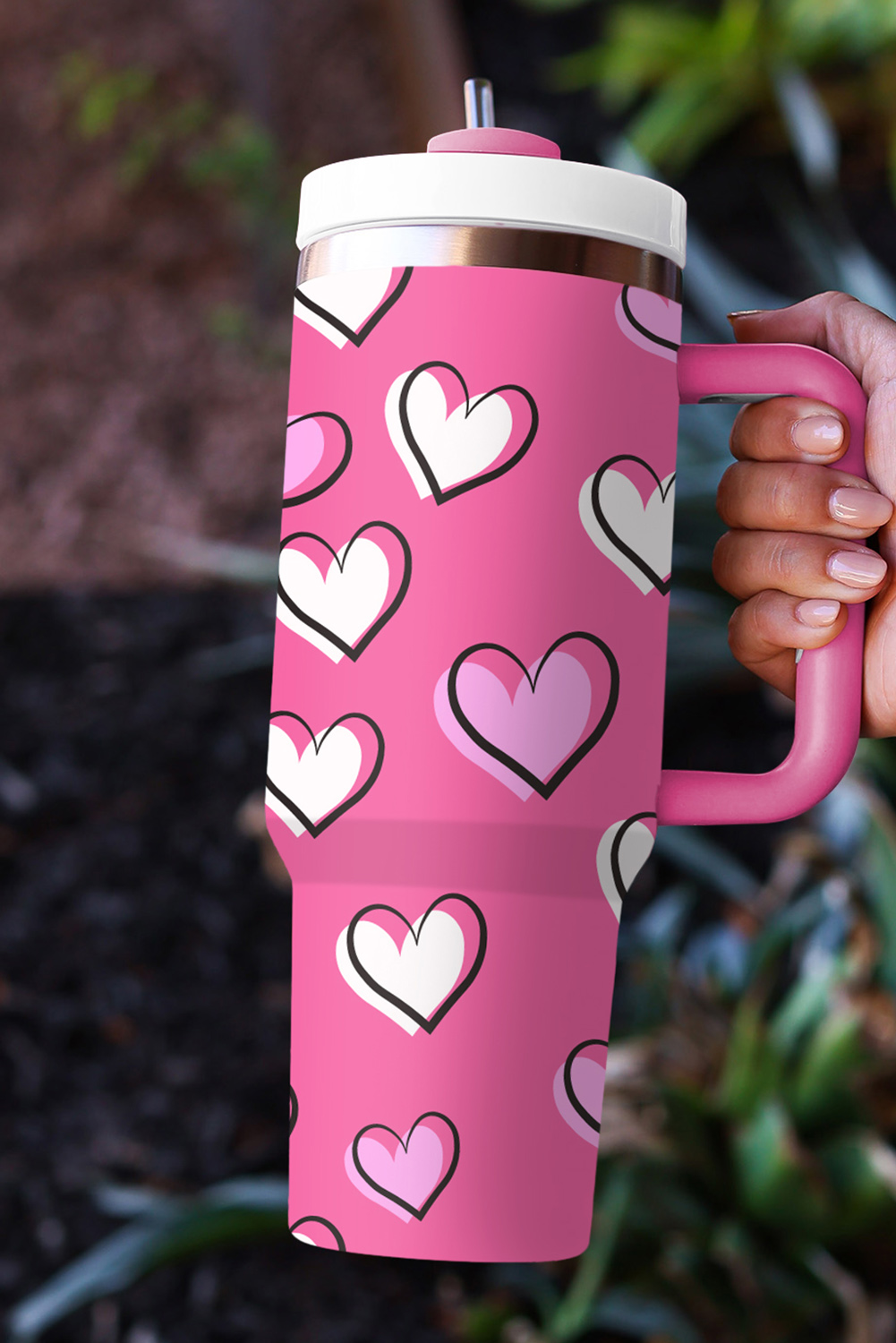 Black Valentines Heart Printed Thermos Cup with Handle 40oz - loveforevers