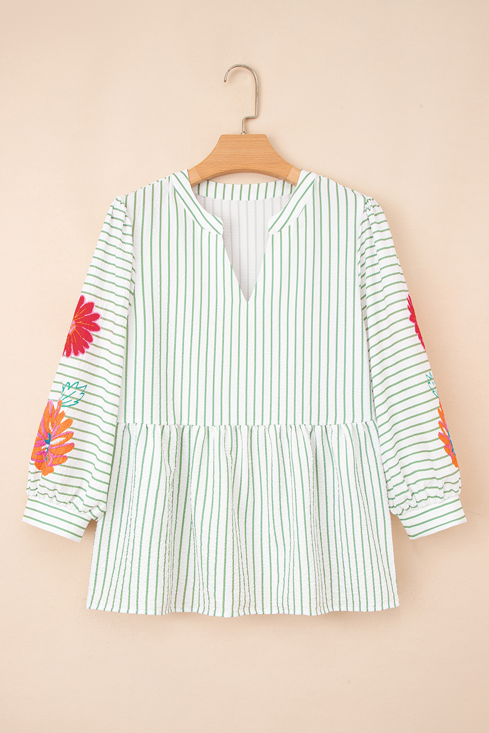 Green Stripe Flower Puff Sleeve Notched V Neck Babydoll Blouse - loveforevers