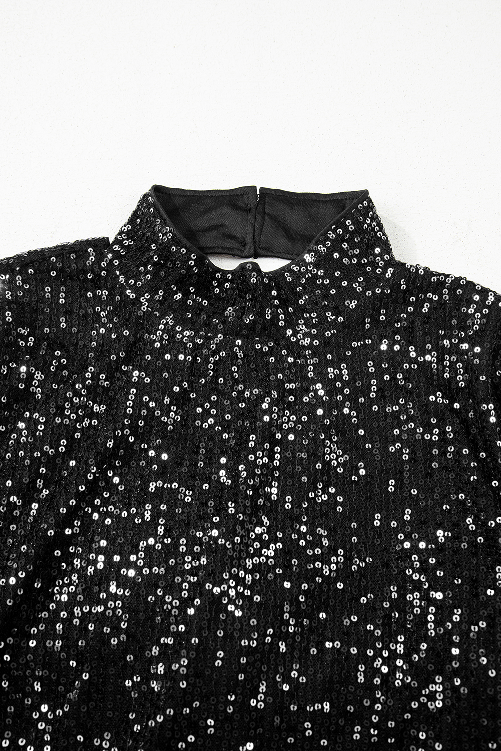 Jet Stream Sequin Mock Neck Drape Open Back Bell Sleeve Top - loveforevers
