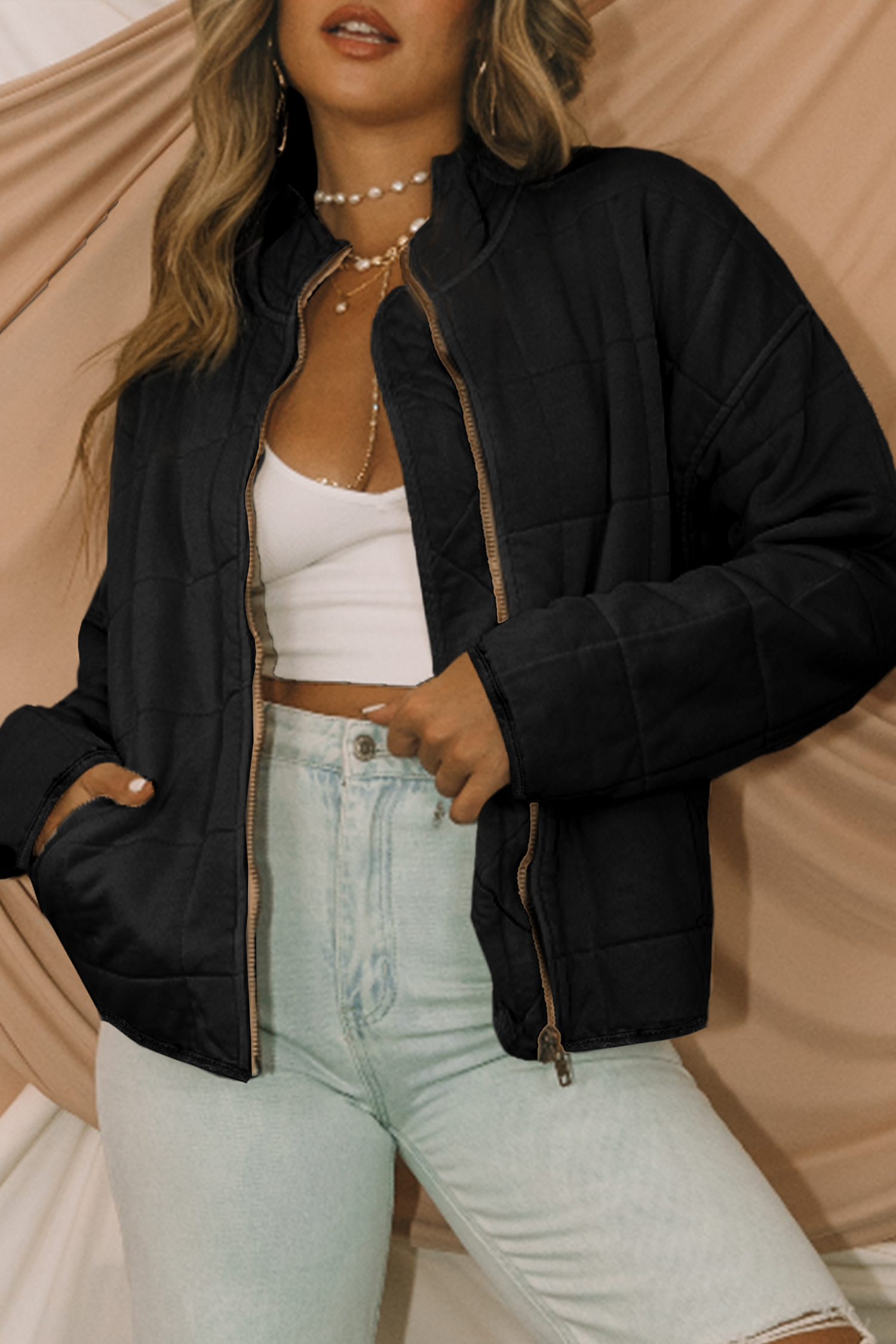 Khaki Zip-Up Pocket Quilted Jacket - loveforevers