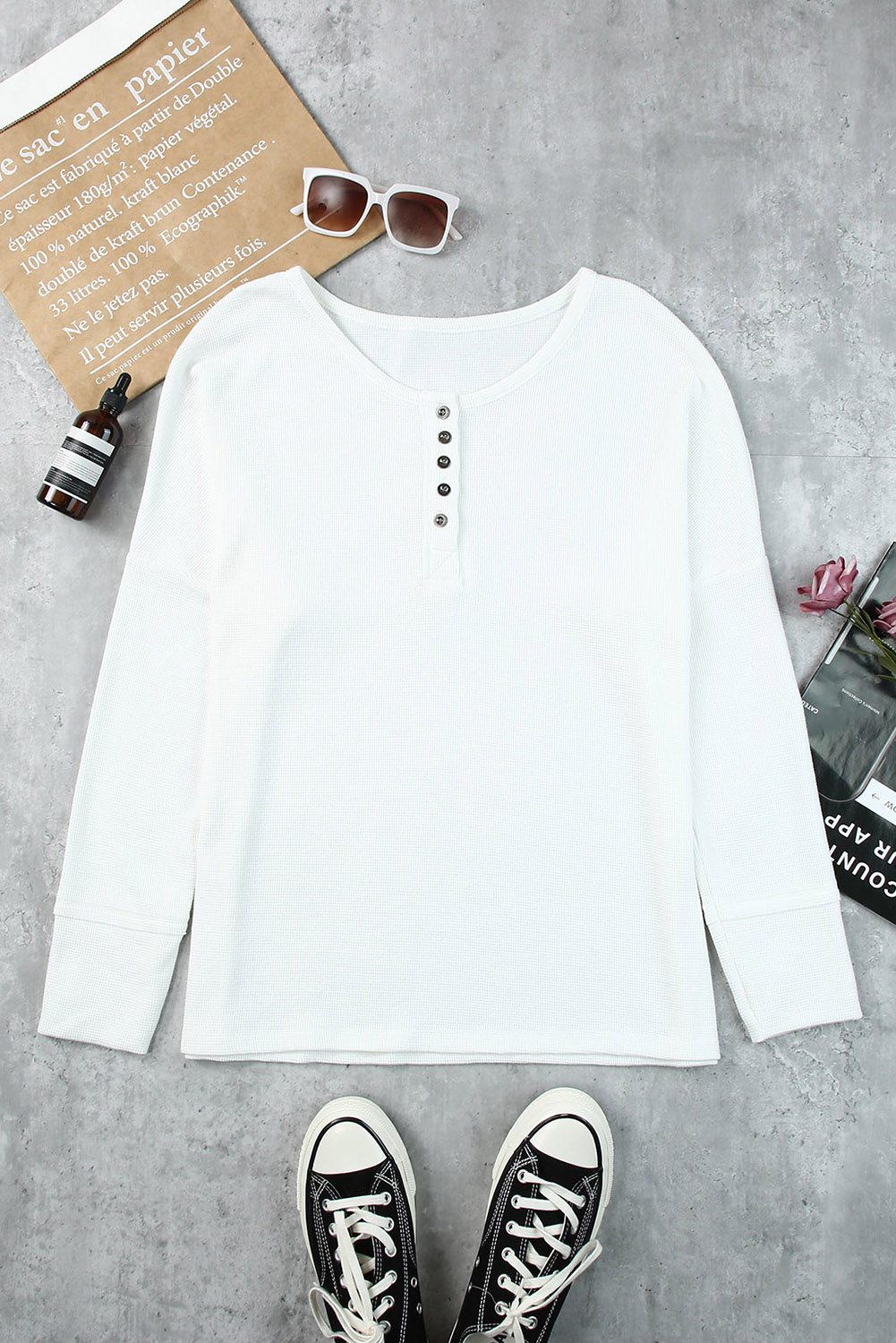 Black Waffle Knit Henley Top - loveforevers