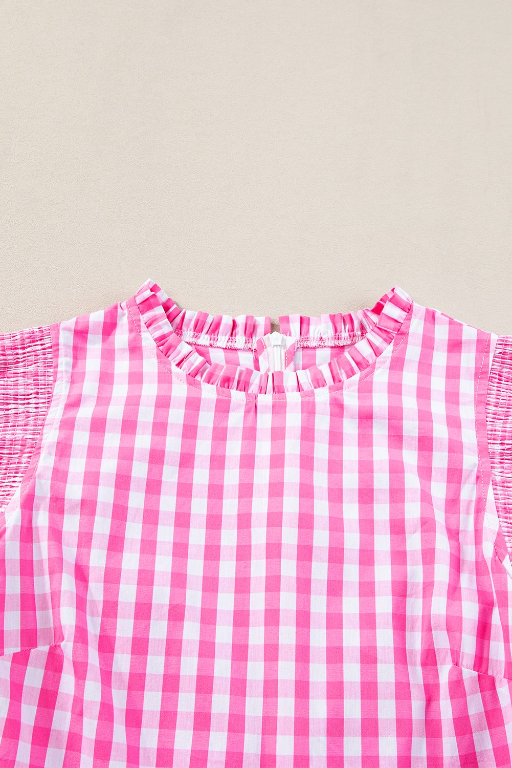 Rose Red Checkered Ruffled Sleeve Frilled Neck Blouse - loveforevers