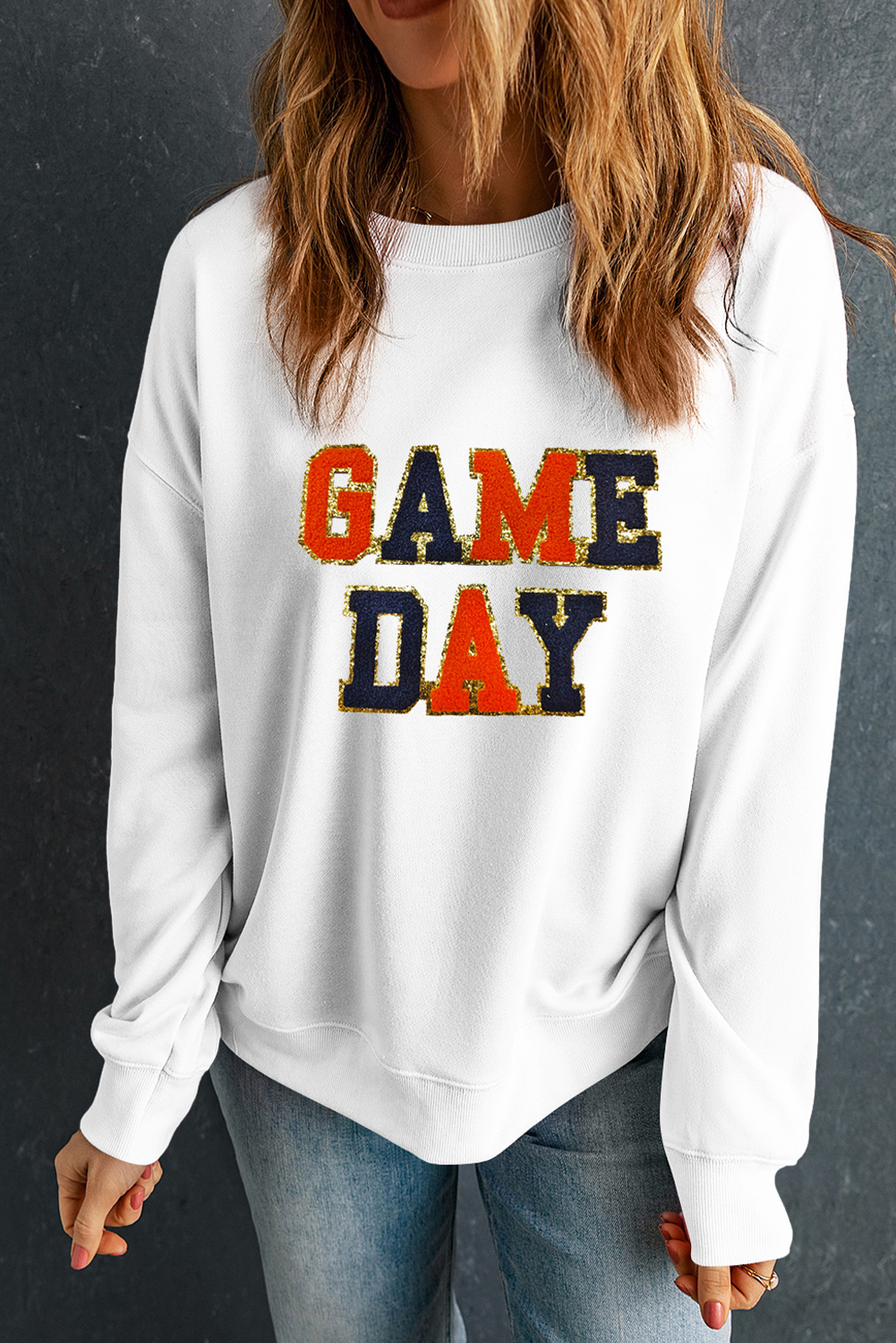 White GAME DAY Chenille Letter Graphic Sweatshirt - loveforevers
