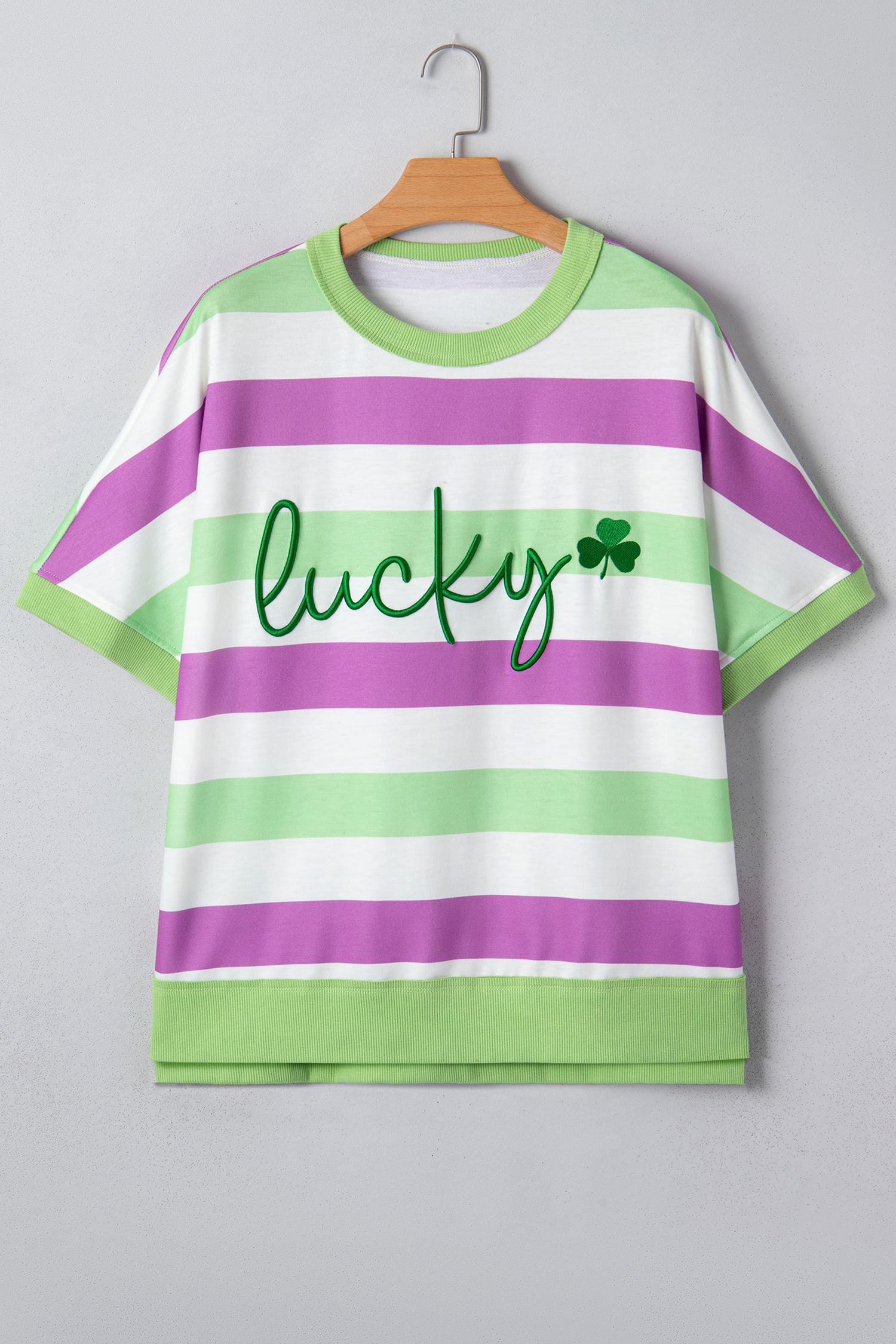 Green Stripe Lucky Clover Embroidered Graphic Dolman Loose Tee - loveforevers