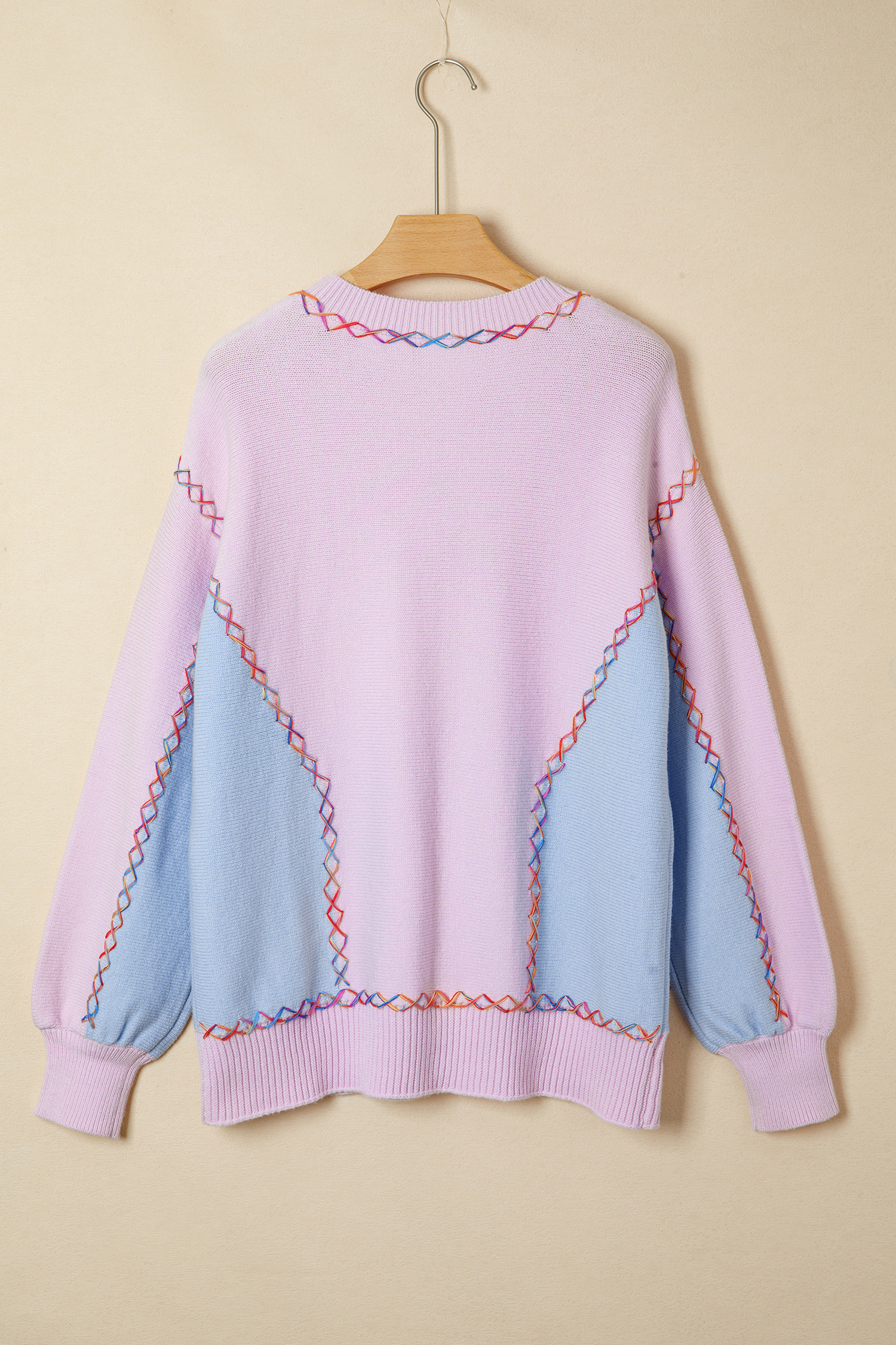 White Rainbow Stitching Balloon Sleeve Relaxed Sweater - loveforevers