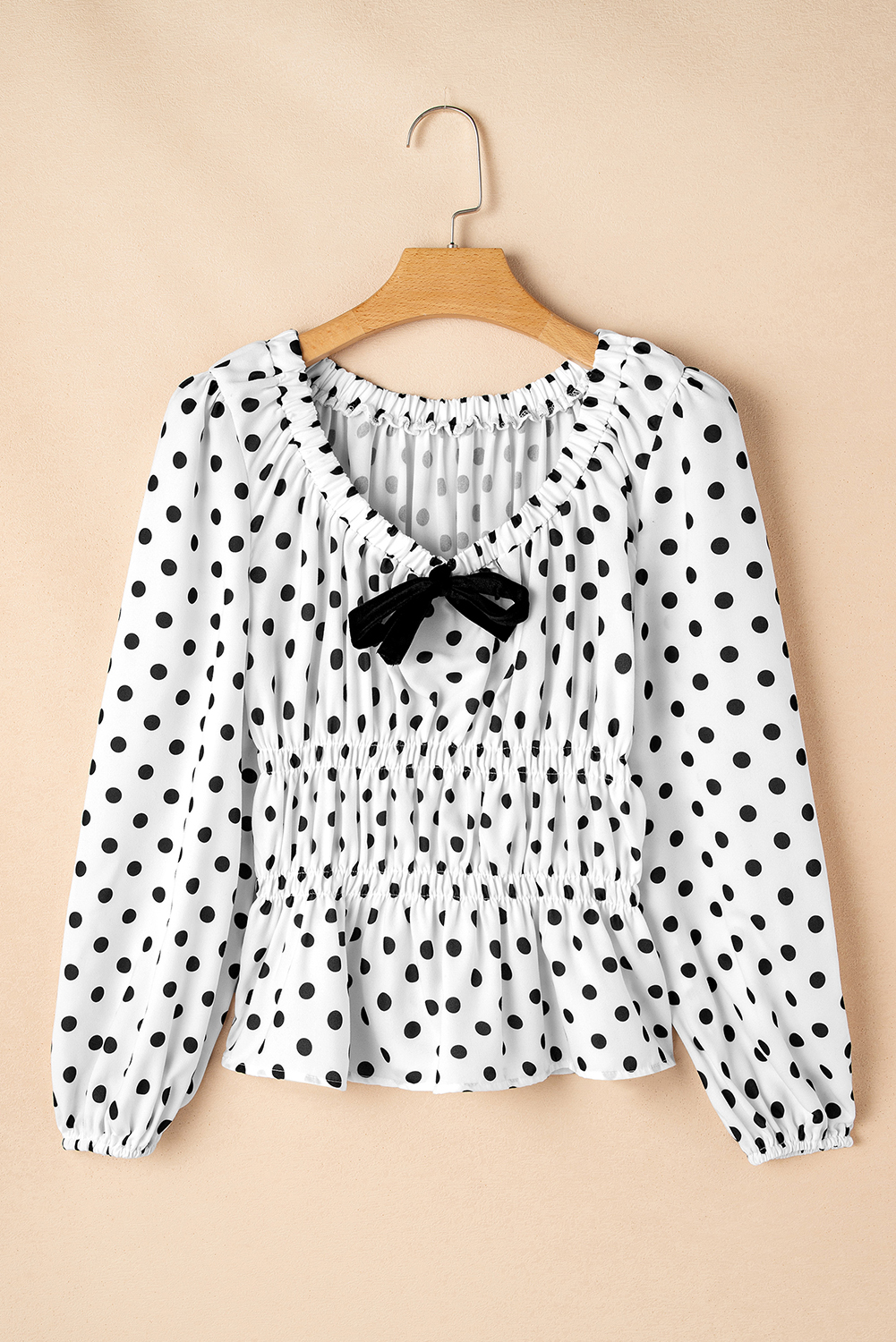 Black Polka Dot Puff Sleeve Bow Square Neck Peplum Top - loveforevers