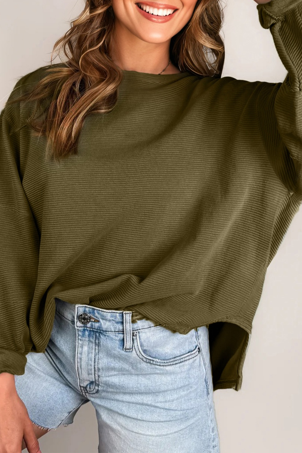 Seagrass Horizontal Ribbed Exposed Seam Patchwork Sleeve Loose Top - loveforevers
