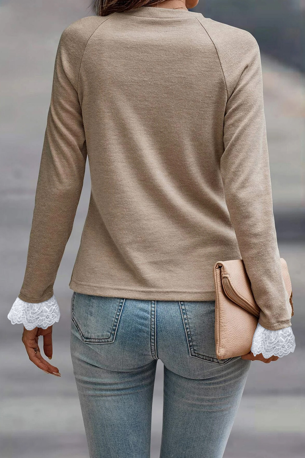 Parchment Seam Detail Lace Contrast Cuffs Raglan Sleeve Top - loveforevers