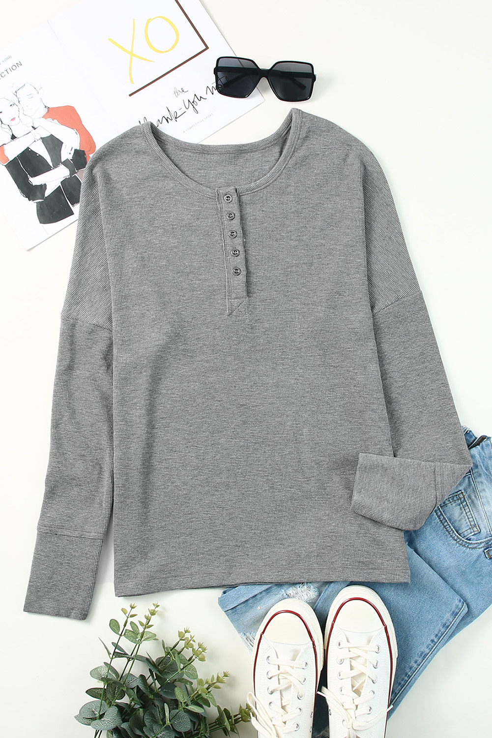 Black Waffle Knit Henley Top - loveforevers
