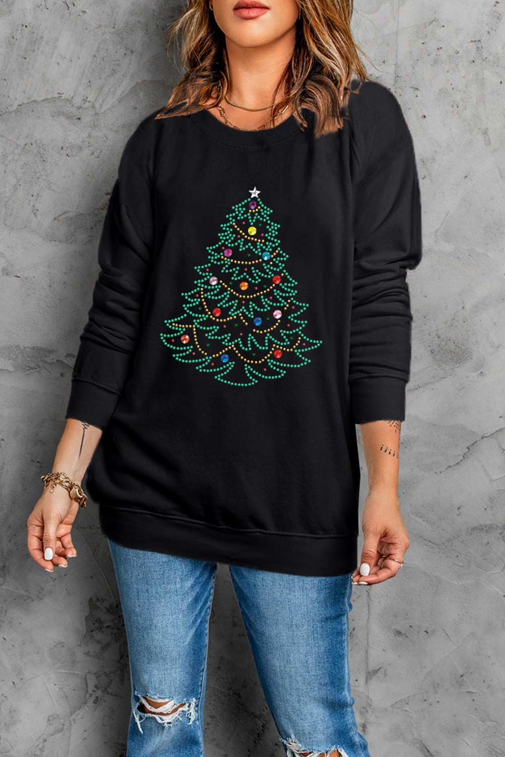Black Rhinestone Christmas Tree Graphic Pullover Sweatshirt - loveforevers