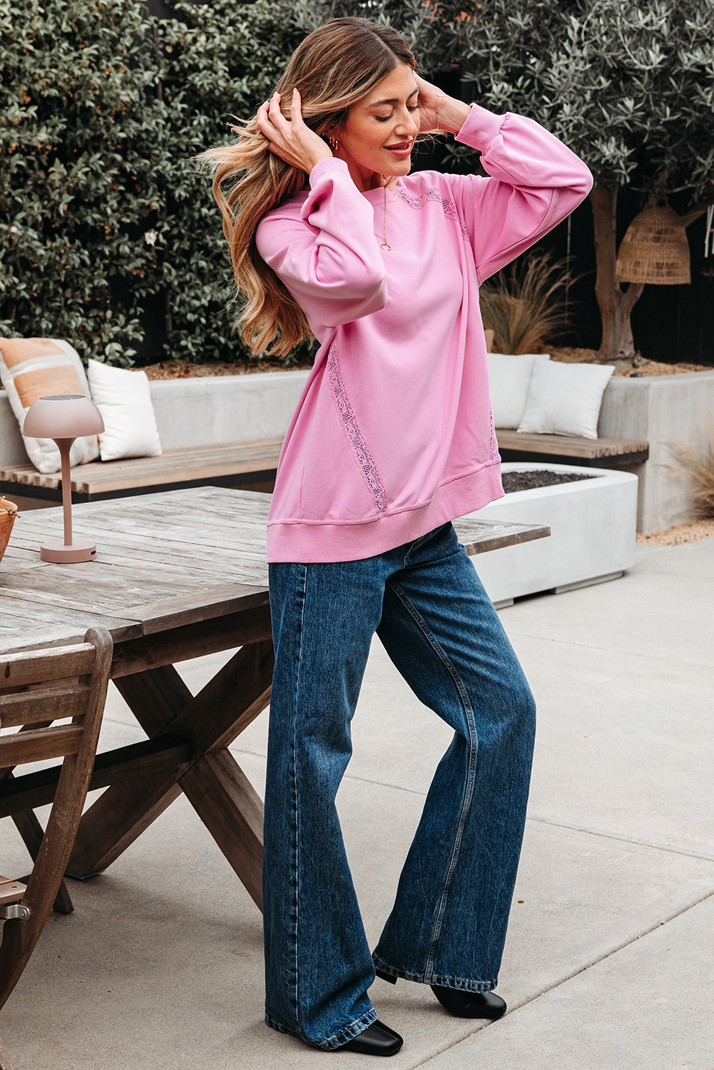 Bright Pink Lace Patched Raglan Sleeve Loose Fit Sweatshirt - loveforevers