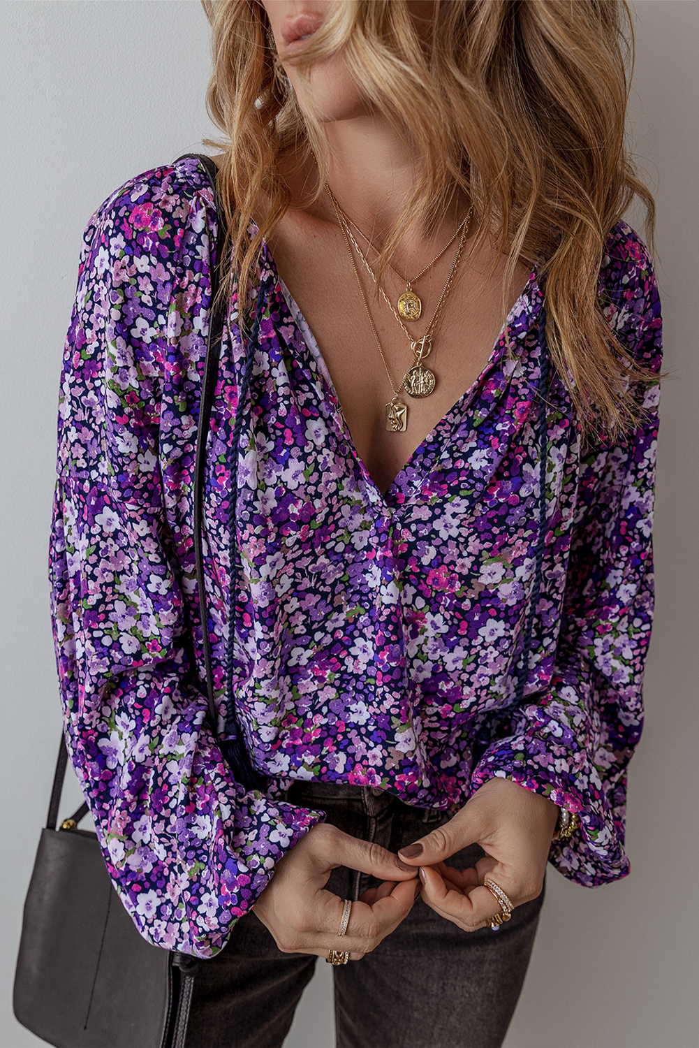Purple Boho Flower Split V Neck Bubble Sleeve Blouse - loveforevers