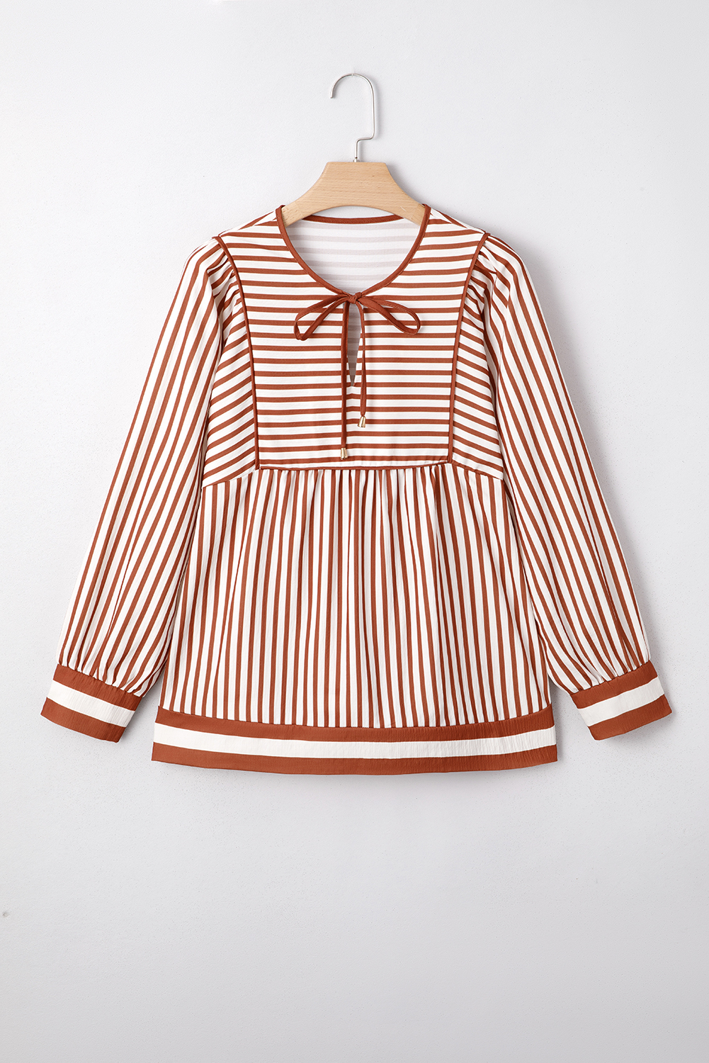 Brown Stripe Babydoll Long Sleeve Blouse - loveforevers