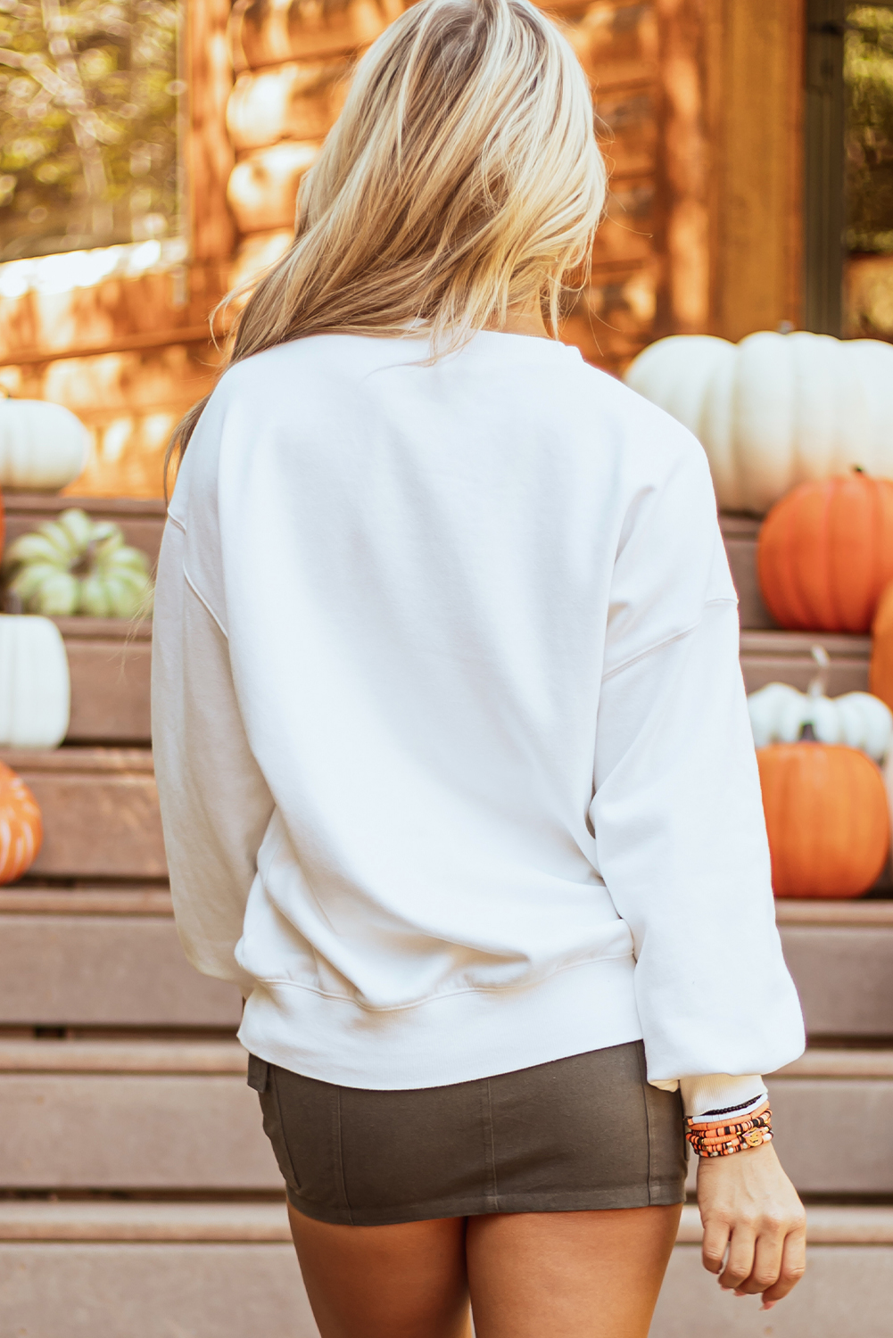 White Terry Halloween Pumpkin Patched Pattern Pullover Sweatshirt - loveforevers