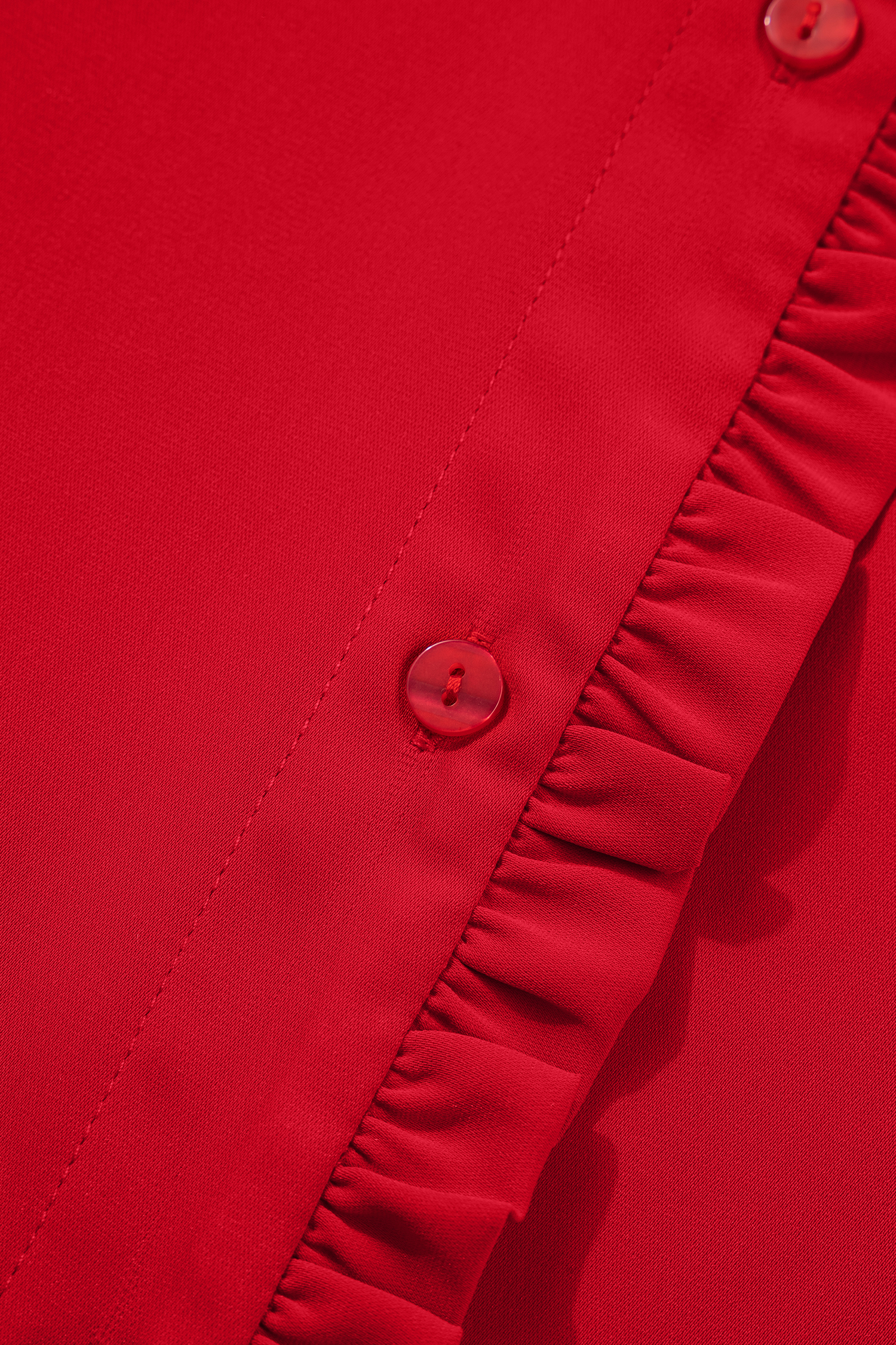 Fiery Red Frilled Trim Button Up Pleated Long Sleeve Shirt - loveforevers