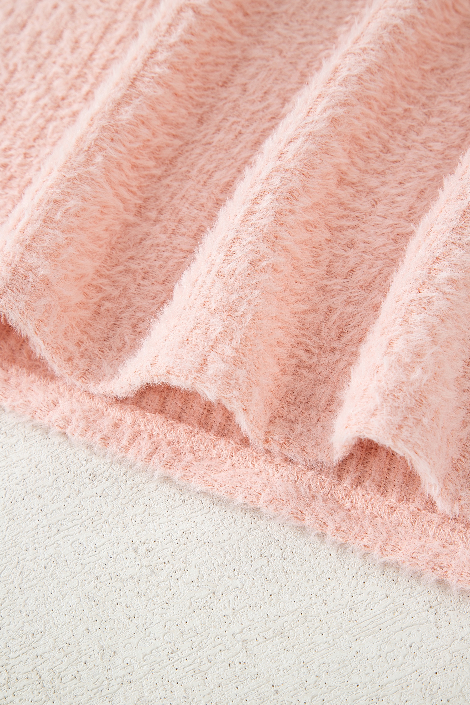 Light Pink Fuzzy Ribbed Texture Round Neck Long Sleeve Top - loveforevers