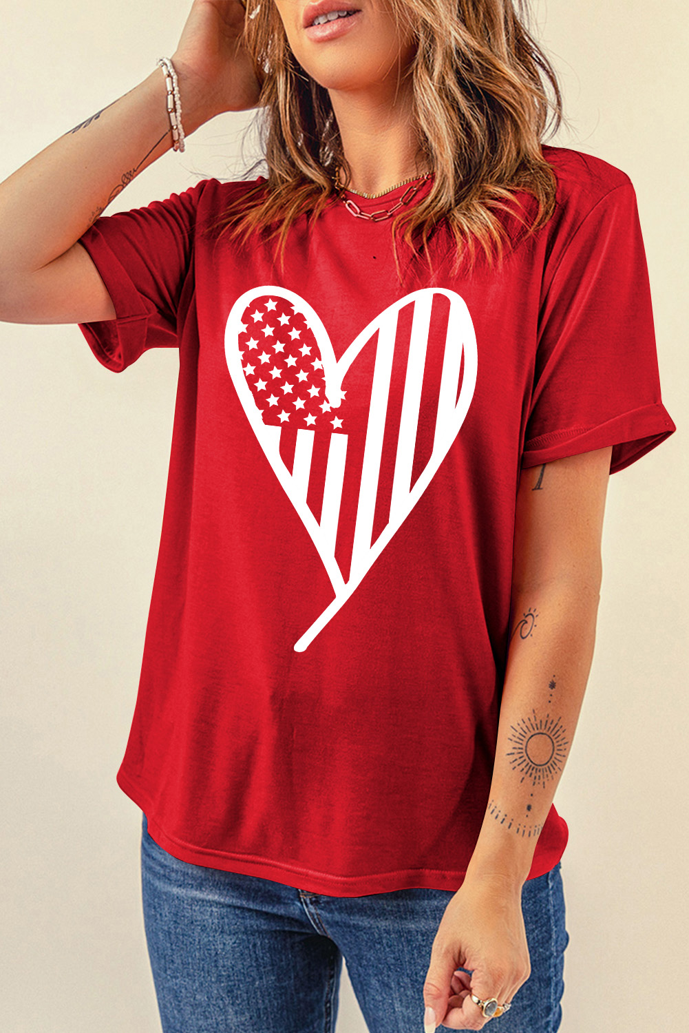 Red USA Flag Heart Shape Crewneck Graphic T Shirt - loveforevers