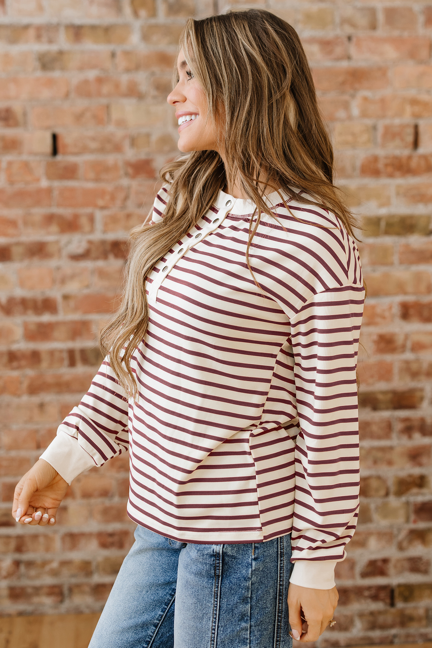 Red Dahlia Striped Print Drop Shoulder Long Sleeve Henley Top - loveforevers