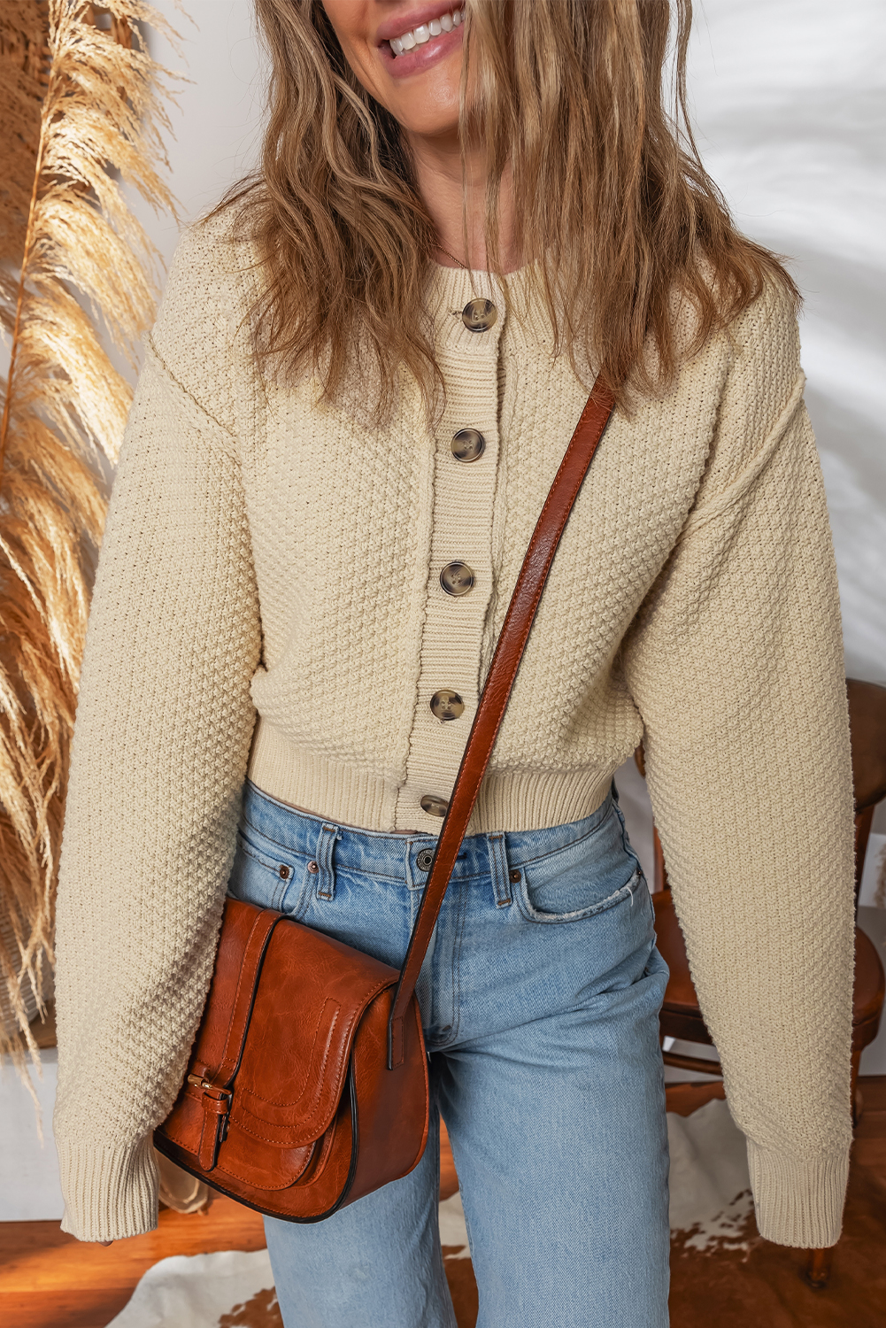 Beige Button Front Cropped Cardigan Sweater - loveforevers