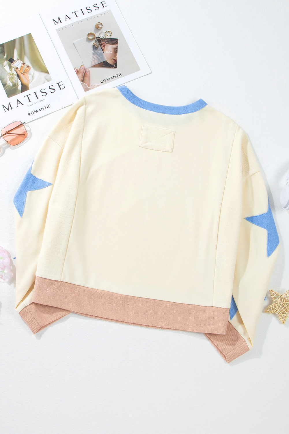 Beige Game Day Graphic Starry Patched Sleeve Contrast Trim Casual Sweatshirt - loveforevers