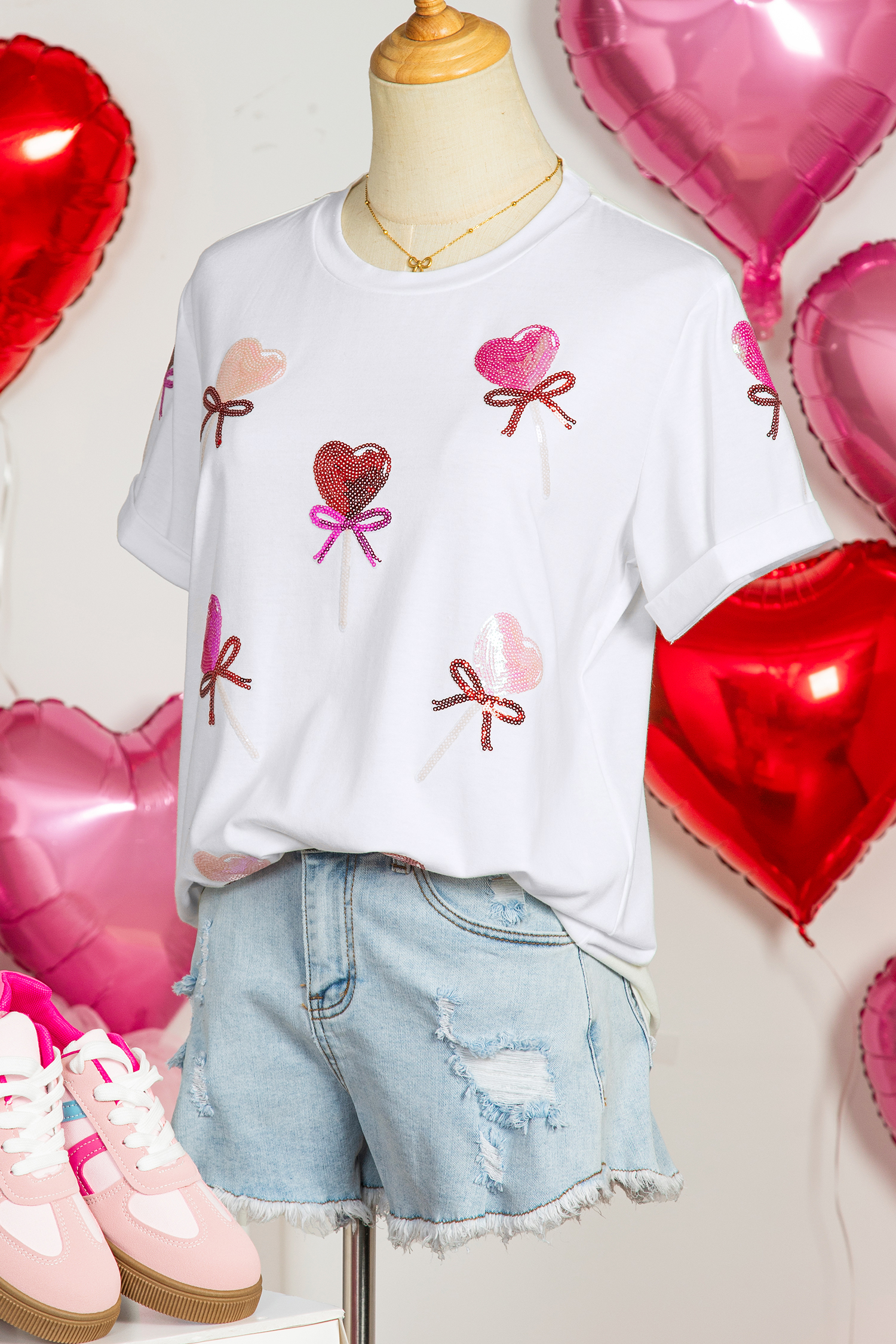 White Sequin Bow Heart Shape Lolly Valentines Day Graphic Tee - loveforevers