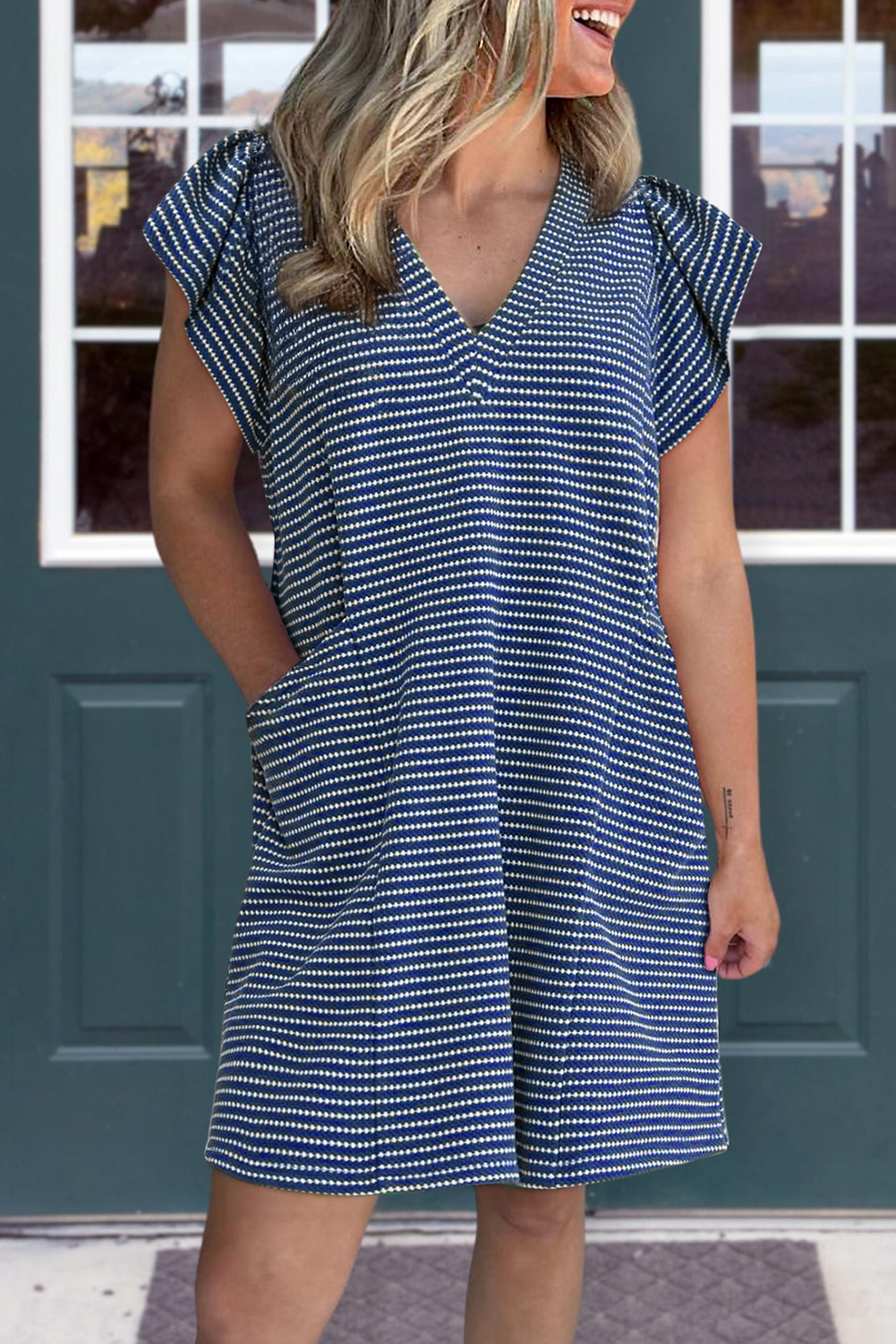 Blue Stripe Textured Knit V Neck Flutter Sleeve Shift Mini Dress - loveforevers
