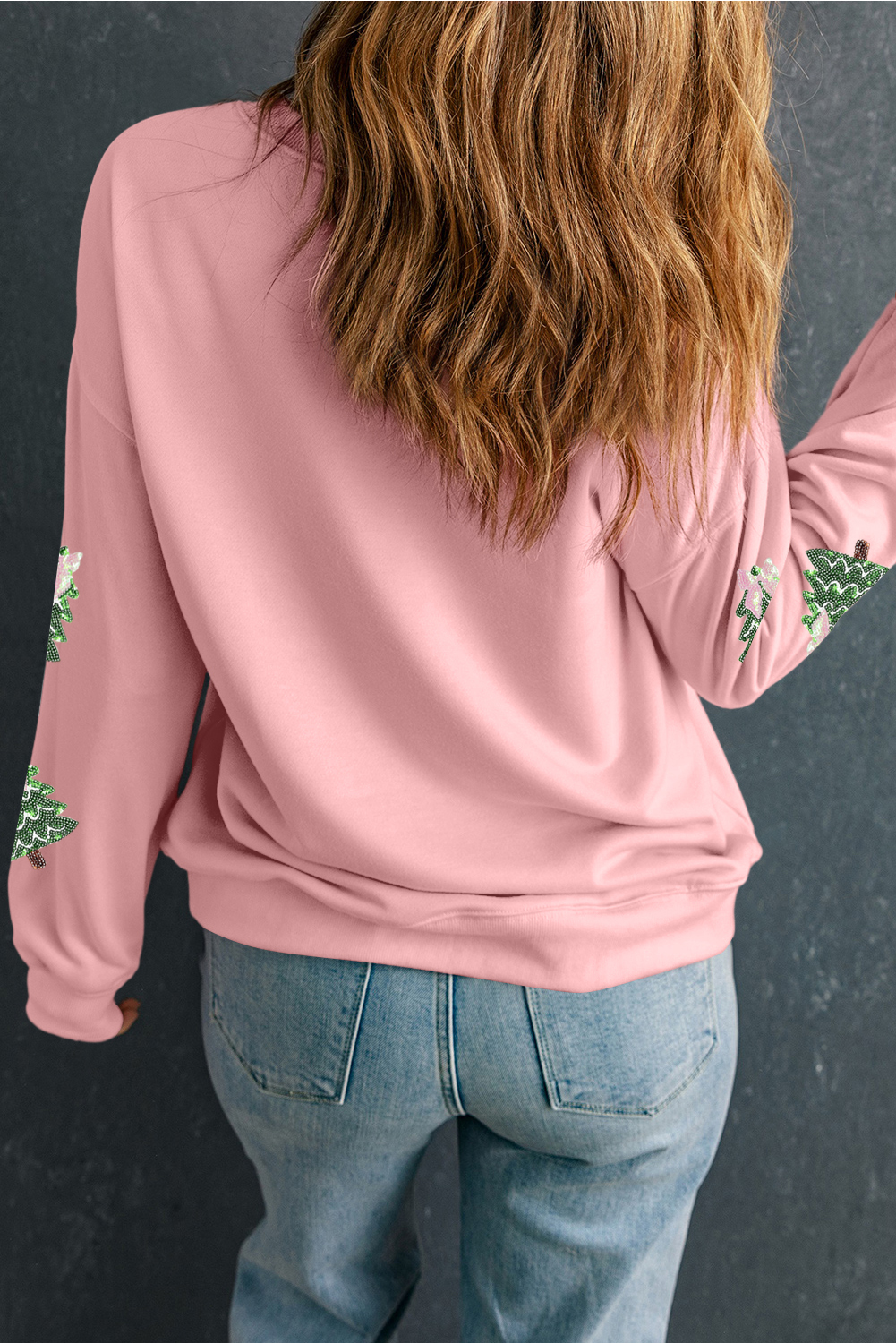 Pink Sequined Xmas Tree Patched Patterned Holiday Pullover Sweatshirt - loveforevers