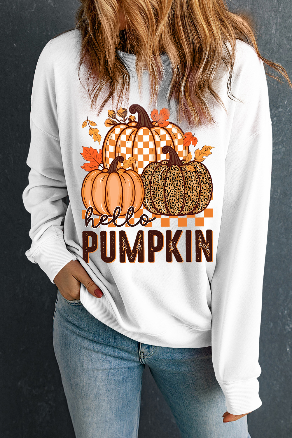 White Hello Pumpkin Thanksgiving Graphic Sweatshirt - loveforevers