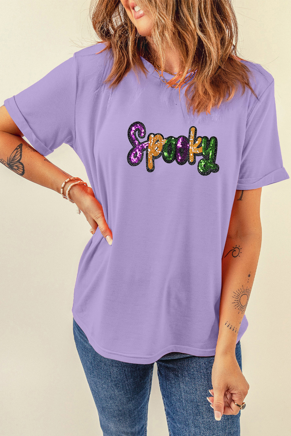Wisteria Spooky Sequin Letter Patched Cotton Blend T Shirt - loveforevers