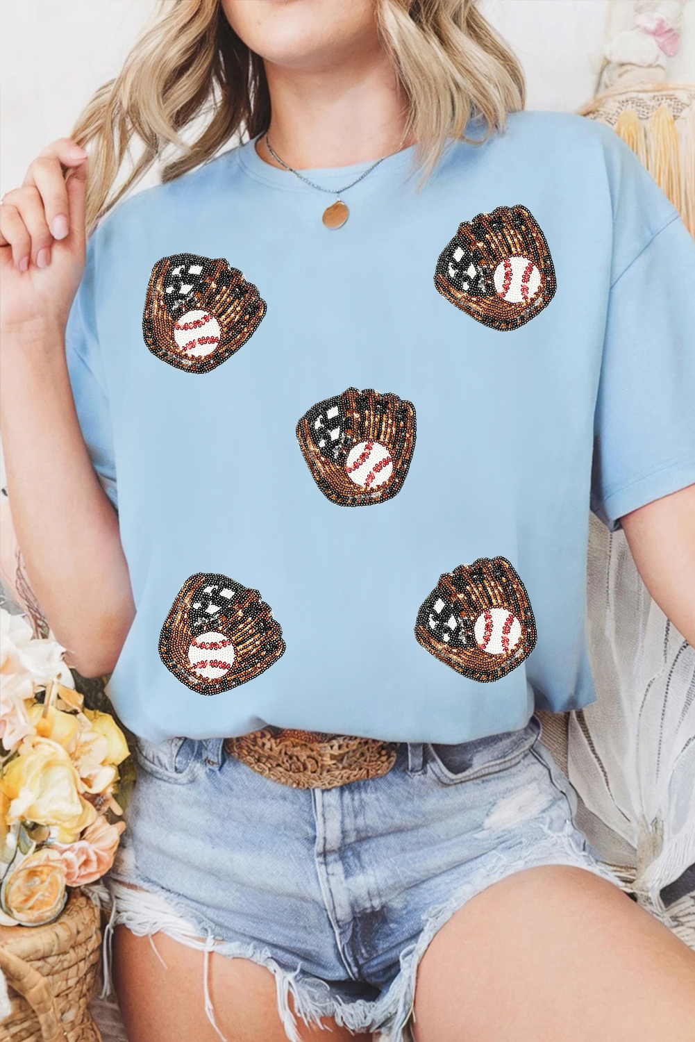 Light Blue Gopher Ball Sequin Patched Casual T Shirt - loveforevers