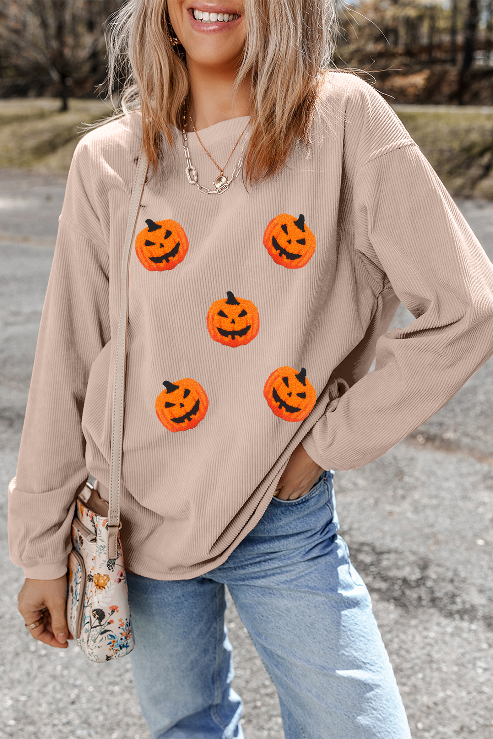 Apricot Twisted Rib Texture Chenille Halloween Pumpkin Patched Drop Shoulder Sweatshirt - loveforevers