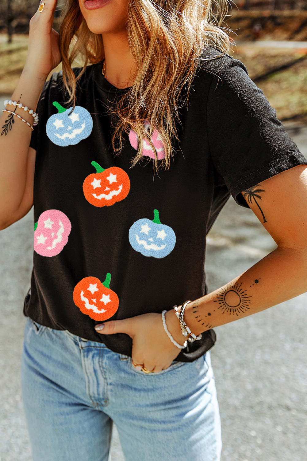 Black Chenille Pumpkin Patched Playful Halloween T Shirt - loveforevers