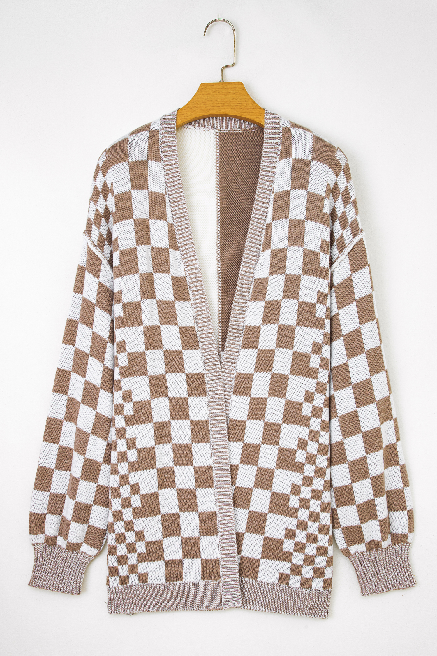 Brown Plus Size Checkered Bubble Sleeve Drop Shoulder Open Cardigan - loveforevers