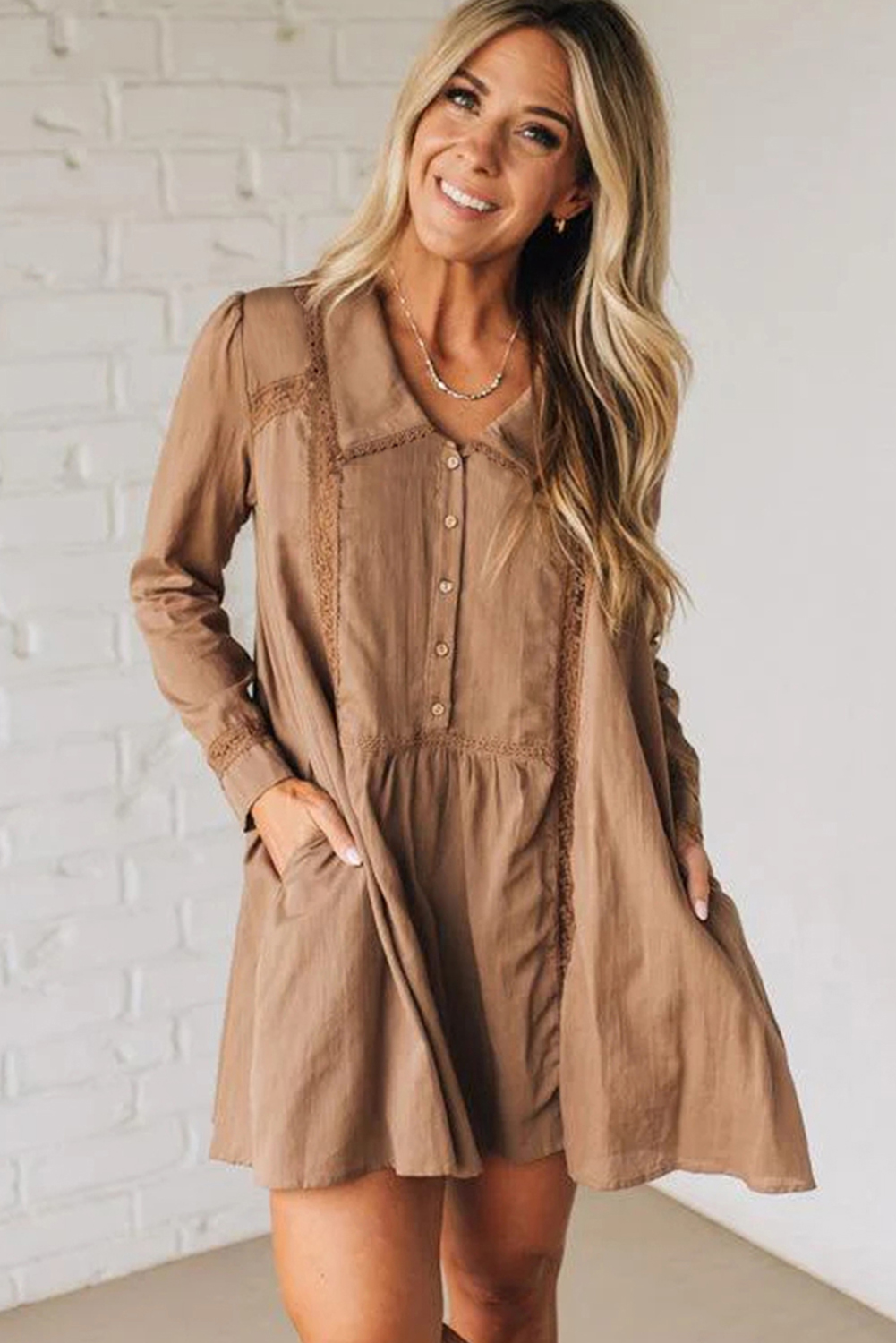 Straw Yellow Lace Trim Peter Pan Collar Long Sleeve Mini Shirt Dress - loveforevers