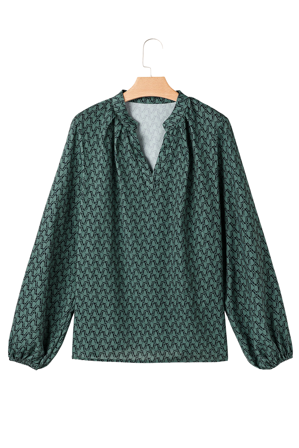 Green Geometric Print Notched Neck Puff Sleeve Blouse - loveforevers