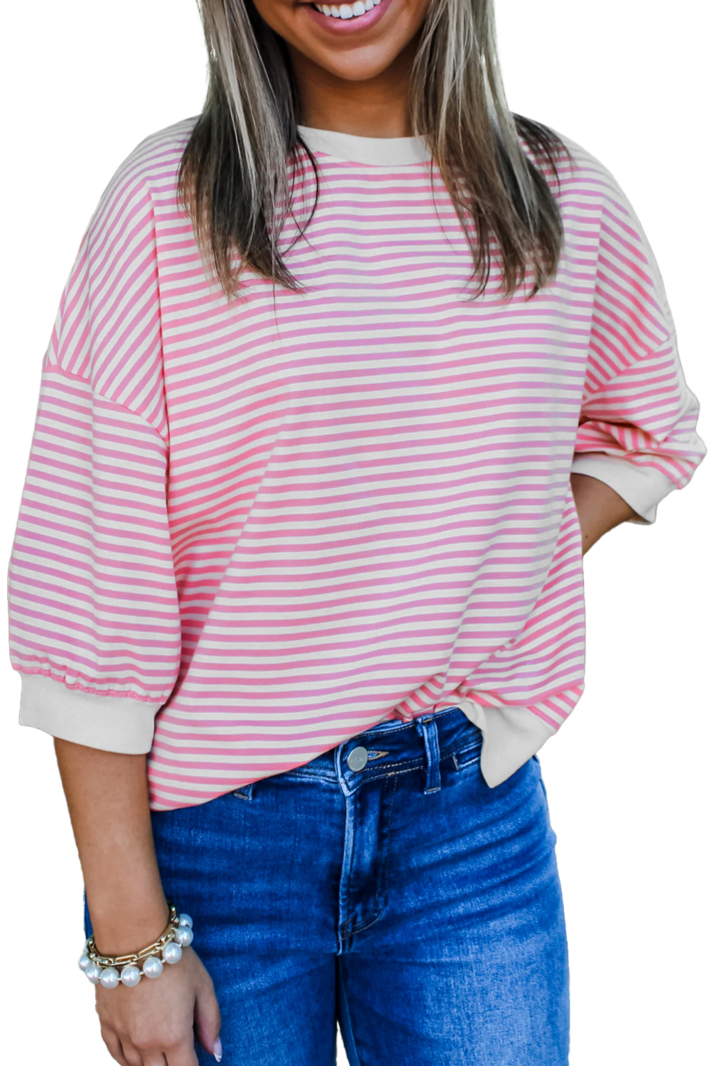 Pink Striped 3/4 Sleeve Drop Shoulder Top - loveforevers