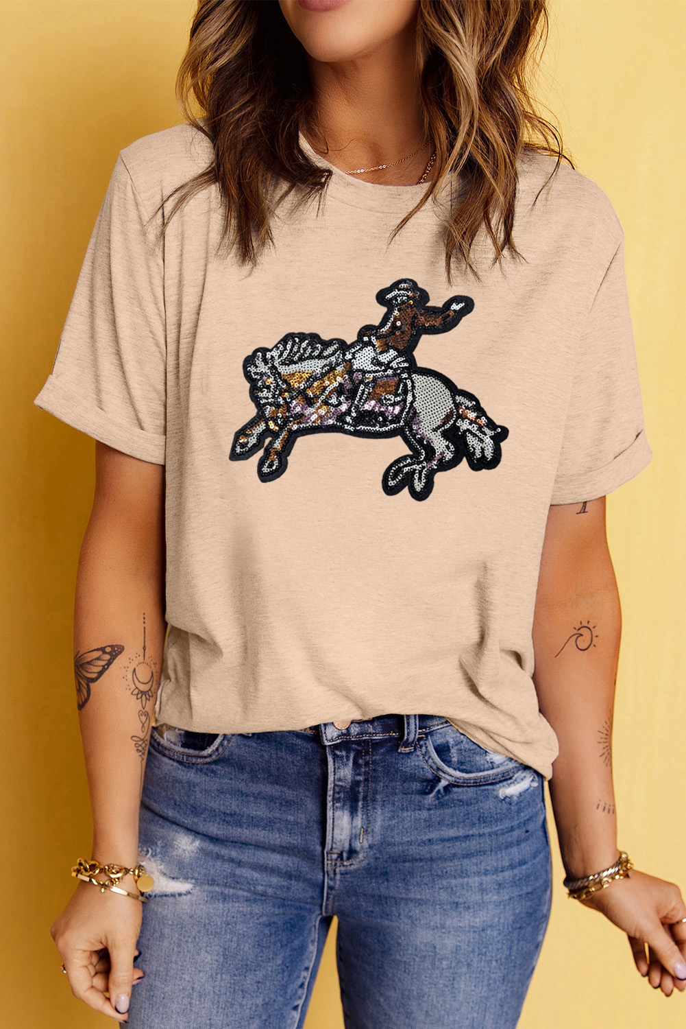 Khaki Sequin Rodeo Graphic Crewneck Tee - loveforevers
