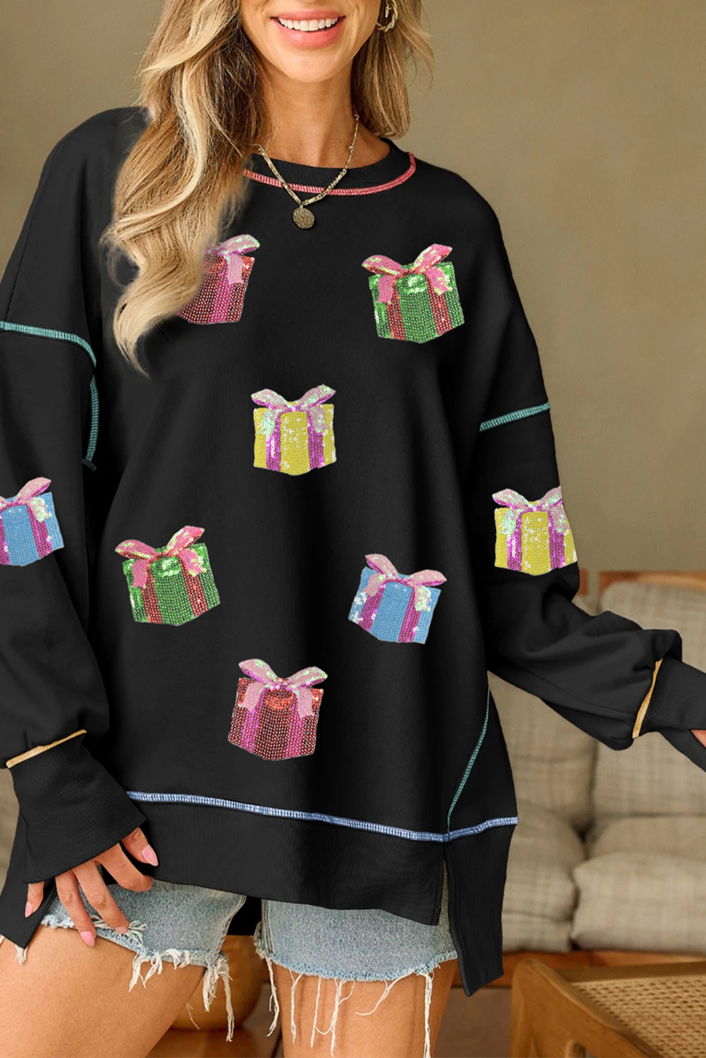 Black Contrast Trim Sequin Patched Christmas Gift Baggy Sweatshirt - loveforevers