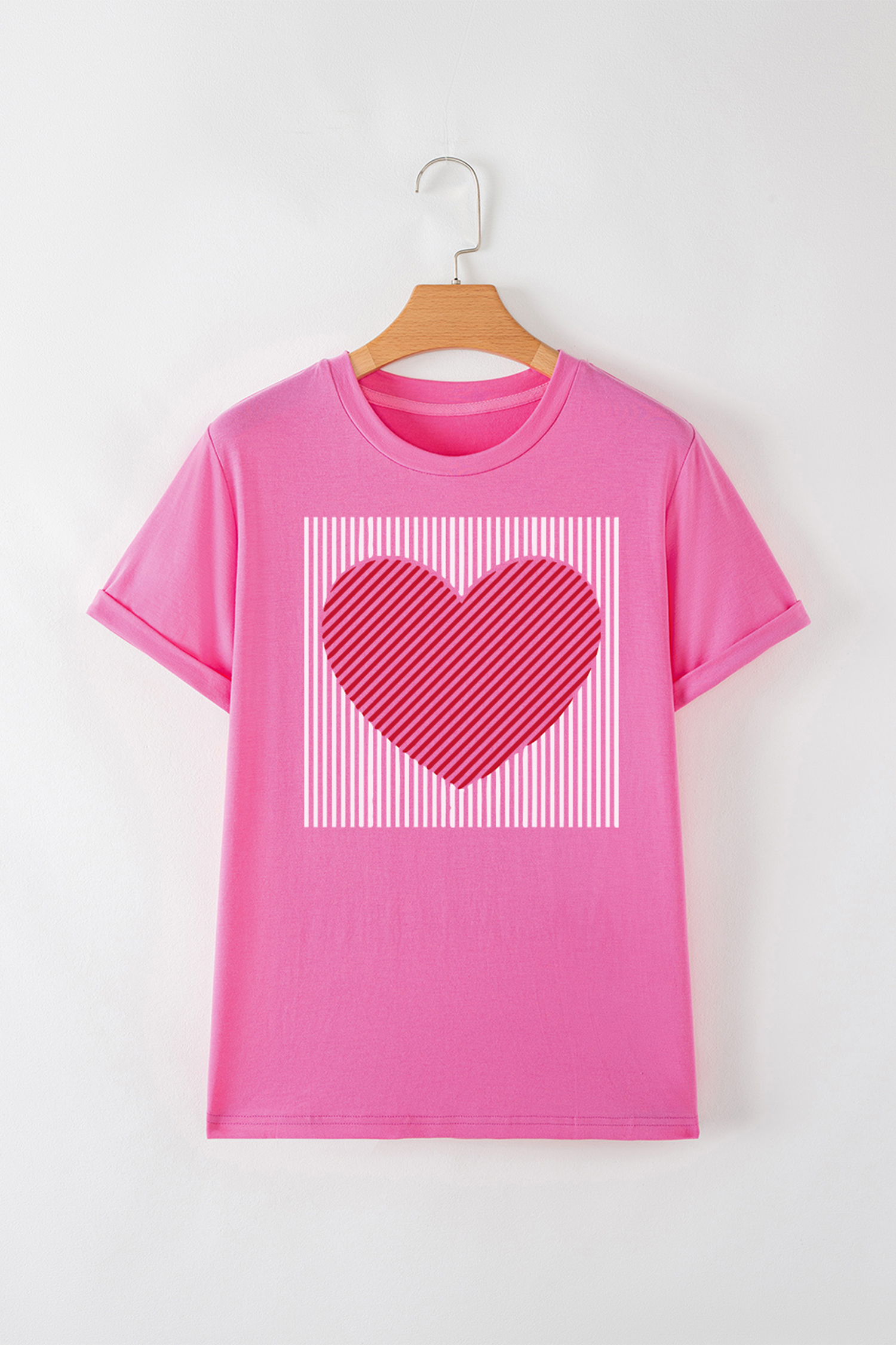Sachet Pink Contrast Striped Heart Printed Valentines Day T Shirt - loveforevers