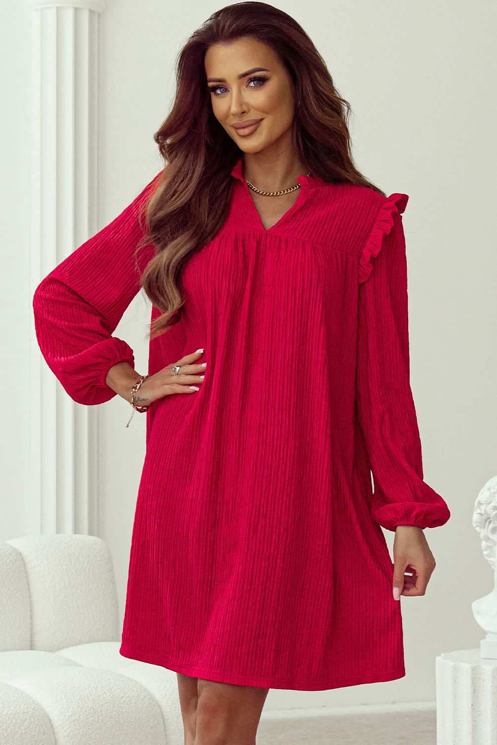 Fiery Red Textured Ruffled Trim V Neck Loose Fit Mini Dress - loveforevers