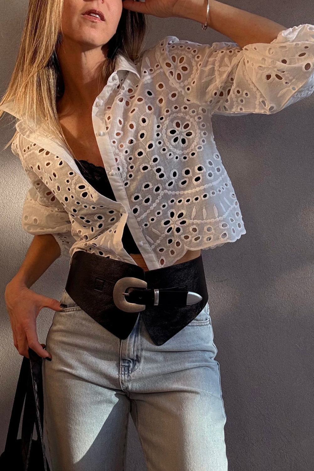 White Eyelet Embroidered Puff Sleeve Crop Shirt - loveforevers