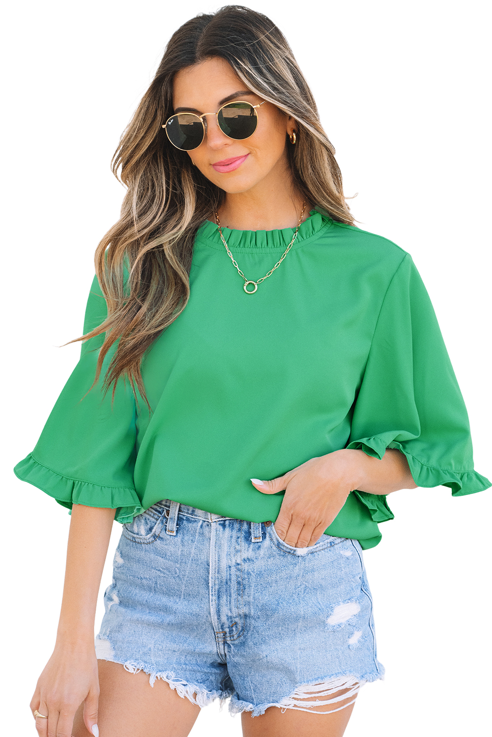Green Frilly Round Neck Wide Half Sleeve Blouse - loveforevers