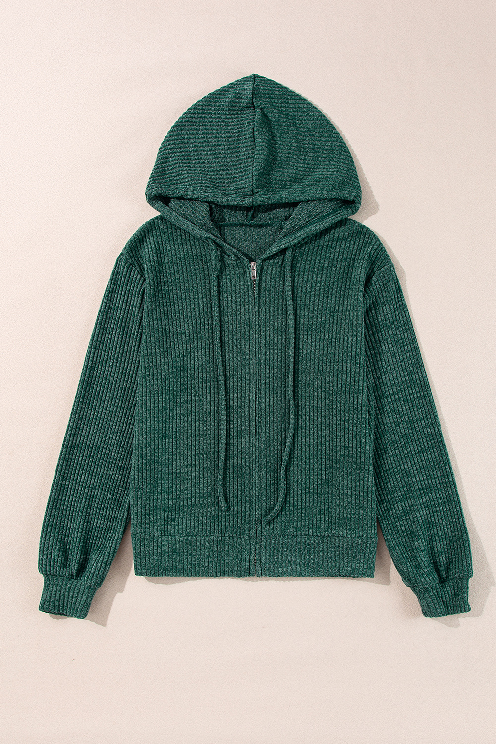 Dark Grey Ribbed Zip Up Front Drawstring Hoodie - loveforevers