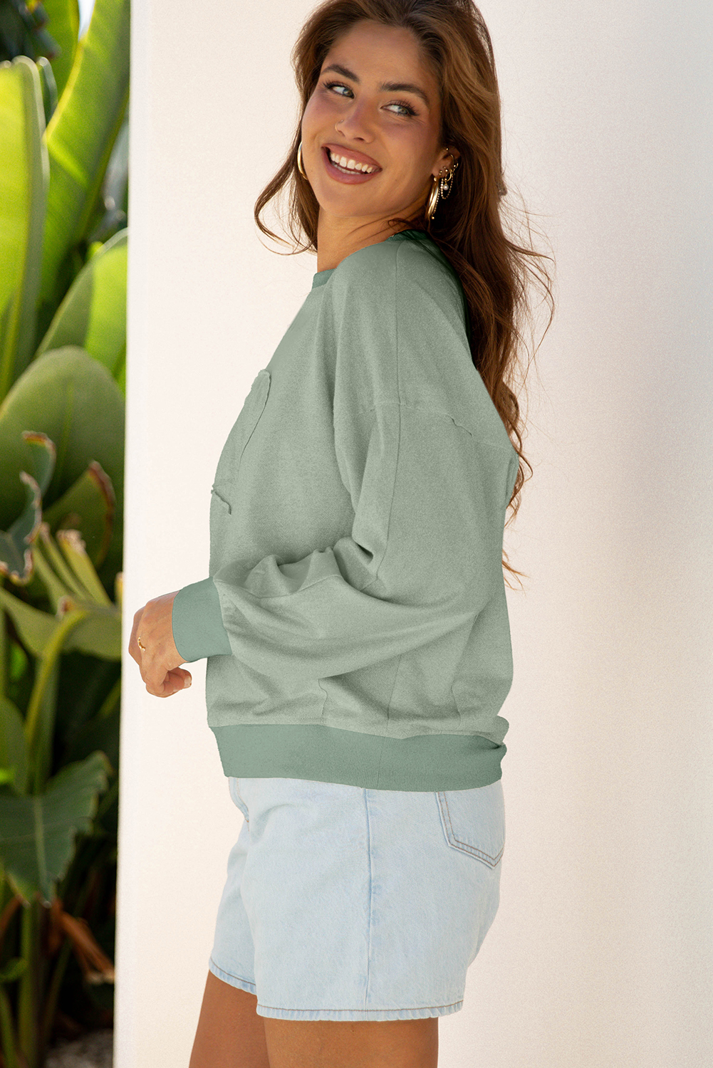 Beige Raw Edge Flower Patch Drop Shoulder Casual Top - loveforevers