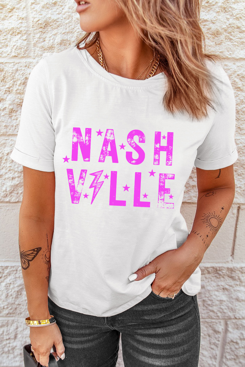 White NASHVILLE Star Graphic Crewneck T Shirt - loveforevers