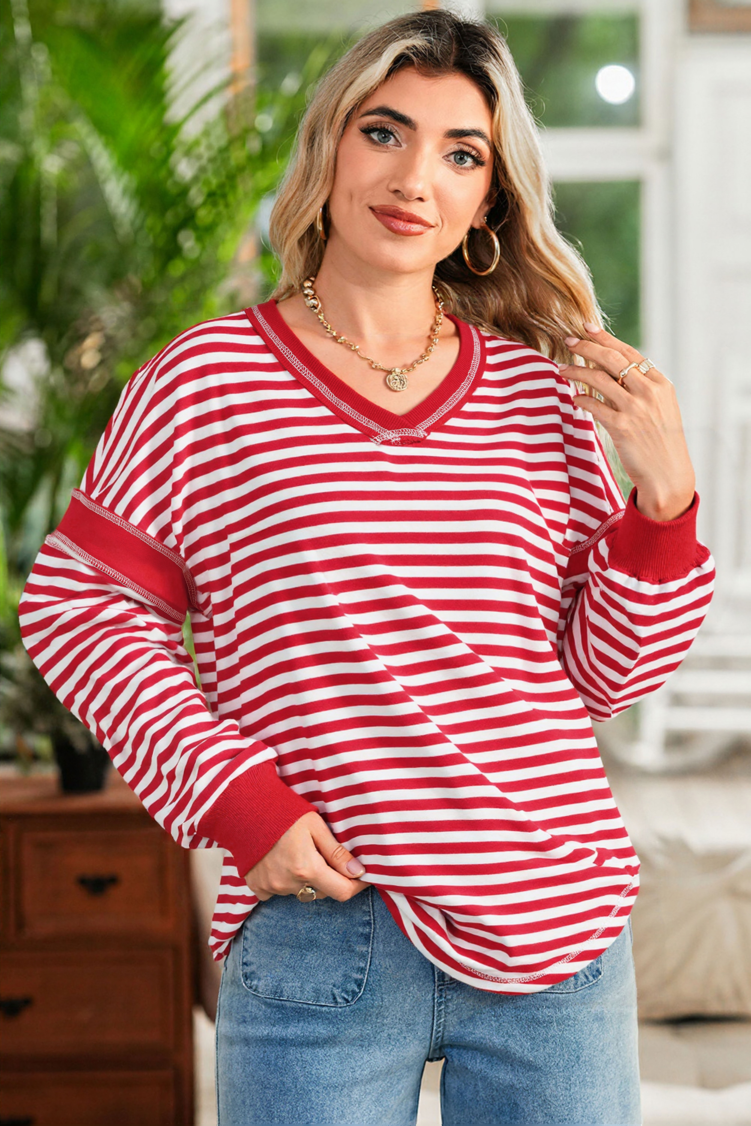 Red Stripe Exposed Seam V Neck Balloon Sleeve Pullover - loveforevers