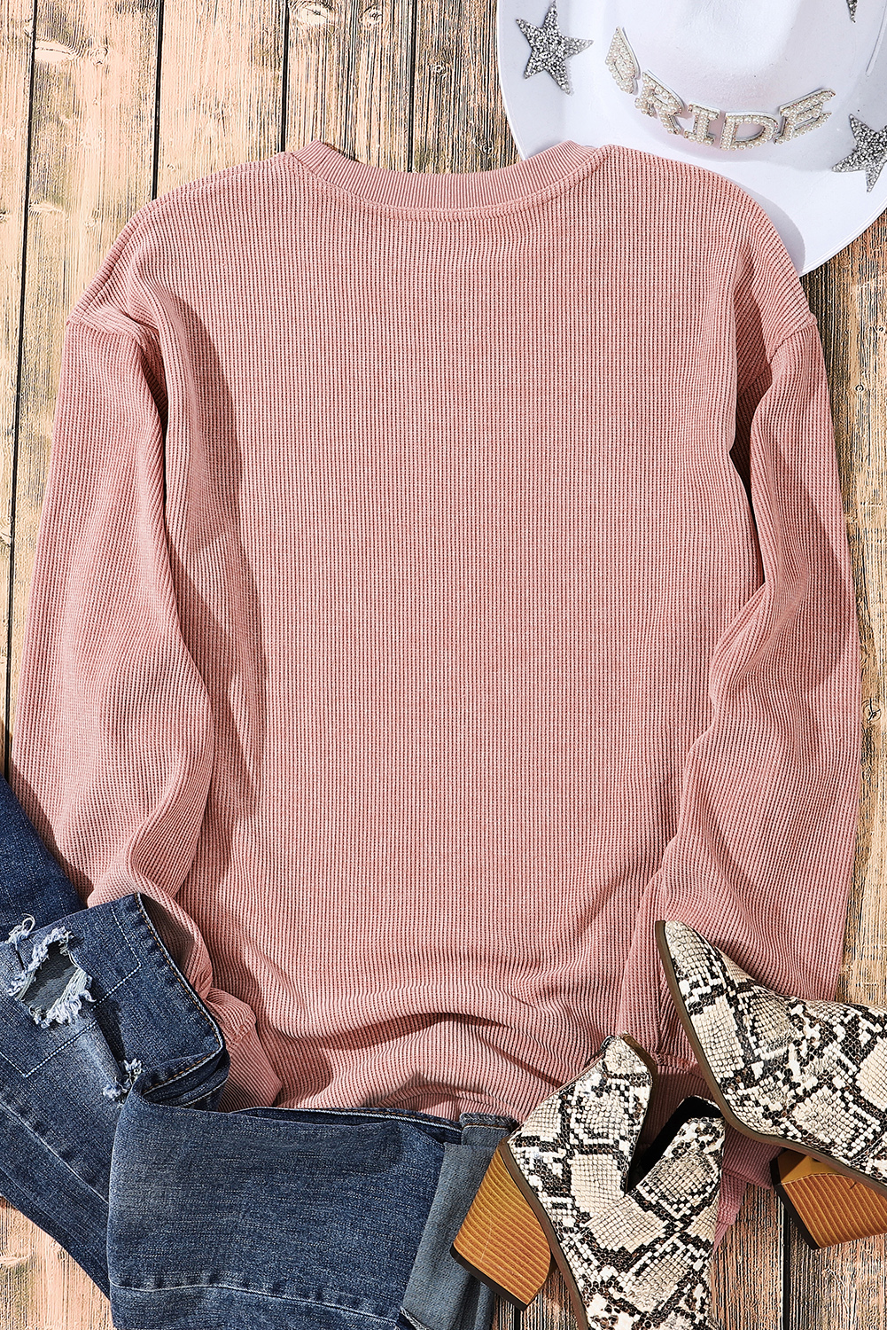 Pink Solid Ribbed Knit Round Neck Pullover Sweatshirt - loveforevers