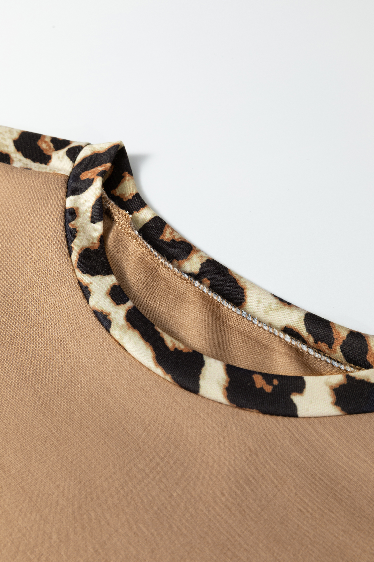 Sea Green Leopard Trim Round Neck Loose T Shirt - loveforevers