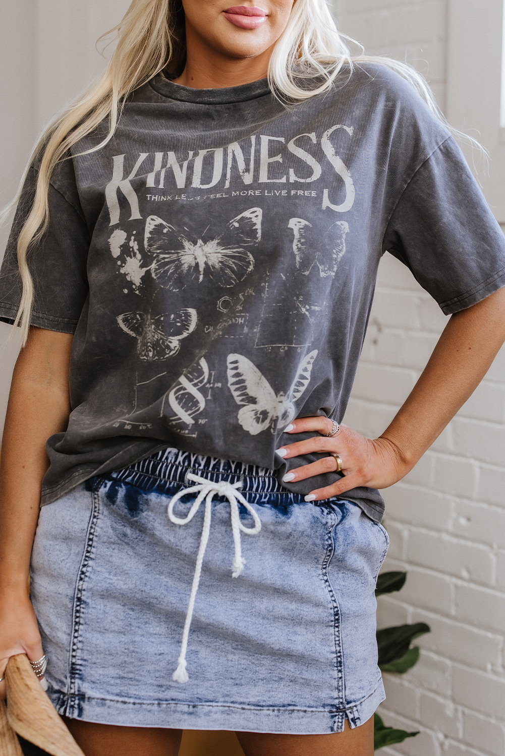 Dark Grey Kindness Butterflies Graphic Mineral Wash Loose Tee - loveforevers