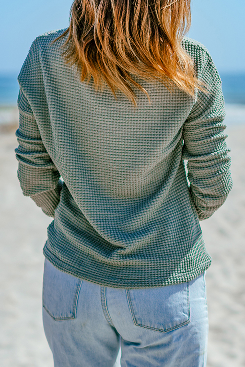 Green Waffle Knit Drop Shoulder Long Sleeve Top - loveforevers